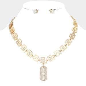 Gold Rhinestone Greek Key Pattern Swirl Metal Link Dog Tag Pendant Necklace Set